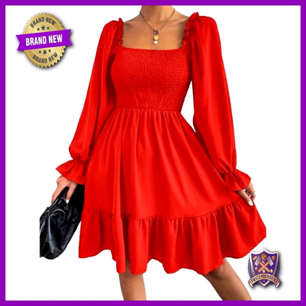 Square Neck Puff Sleeve Smocked Waist A-Line Swing Mini Dress Elegant Chic - Picture 3 of 7